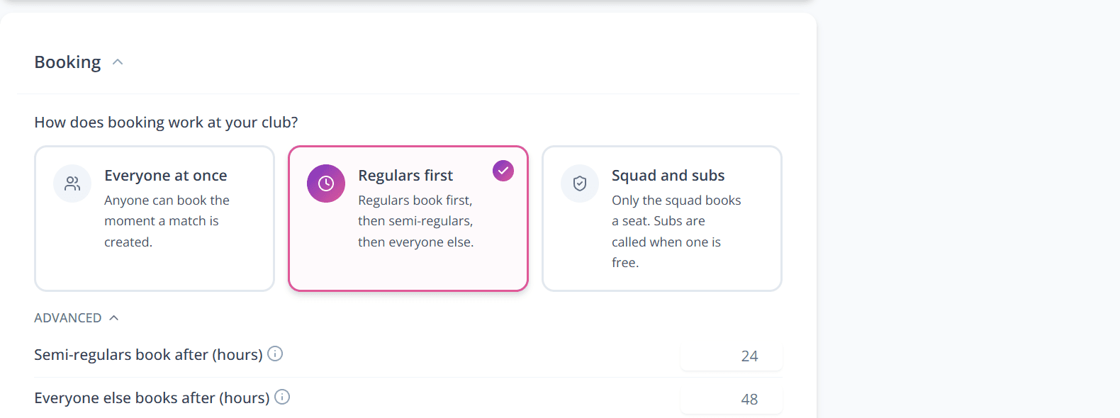 Setup → Matches: Everyone at once, Regulars first, and Squad and subs cards, with Regulars first selected and hour offsets on the card