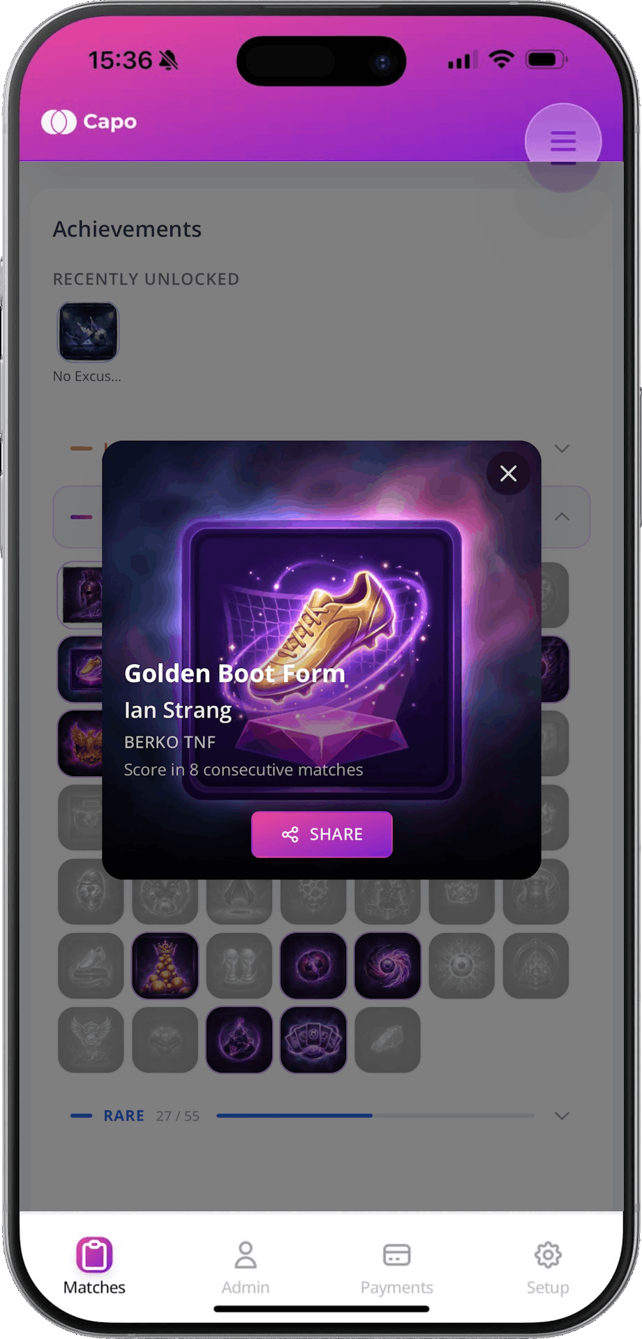 Achievement badges showing rarity tiers and unique artwork in Capo