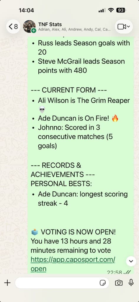 WhatsApp message showing Capo season standings, current form with player awards, records and a link to vote for man of the match