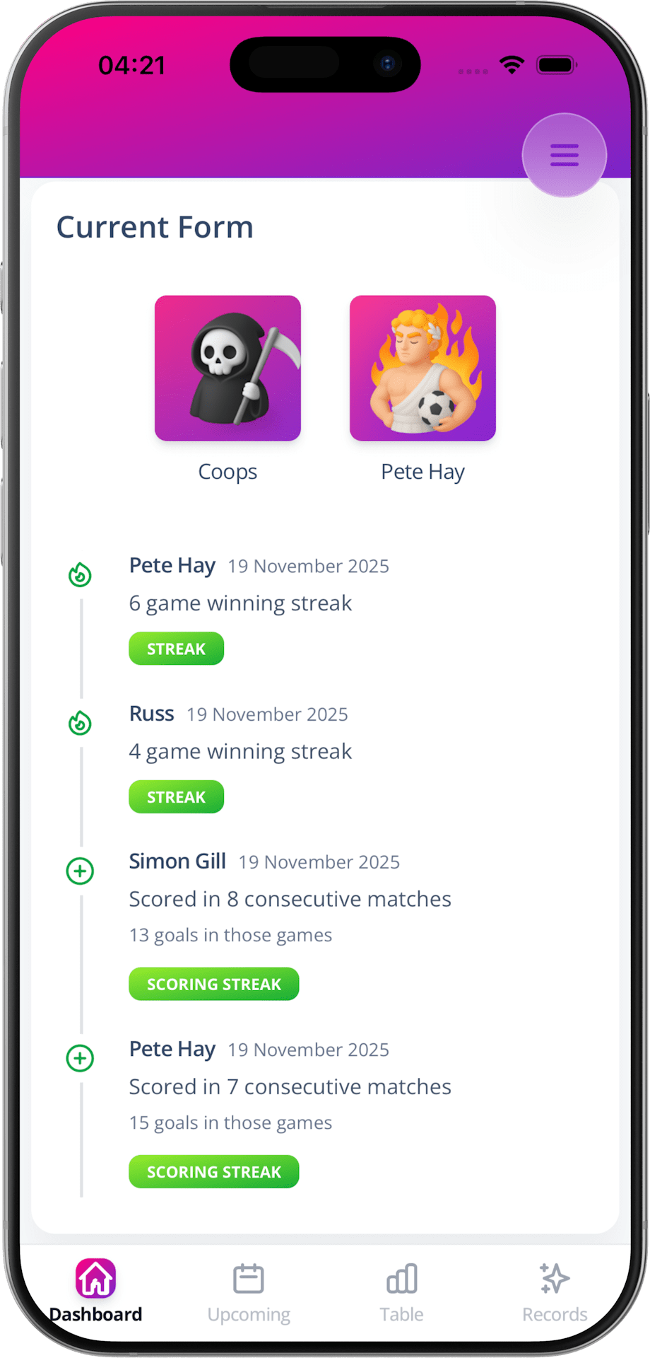football stats app for casual 5-a-side and 7-a-side players – Capo profile screen